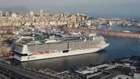 Drone Footage of MSC Grandiosa Docked in Genoa For First Sailing Since the COVID-19 Pandemic