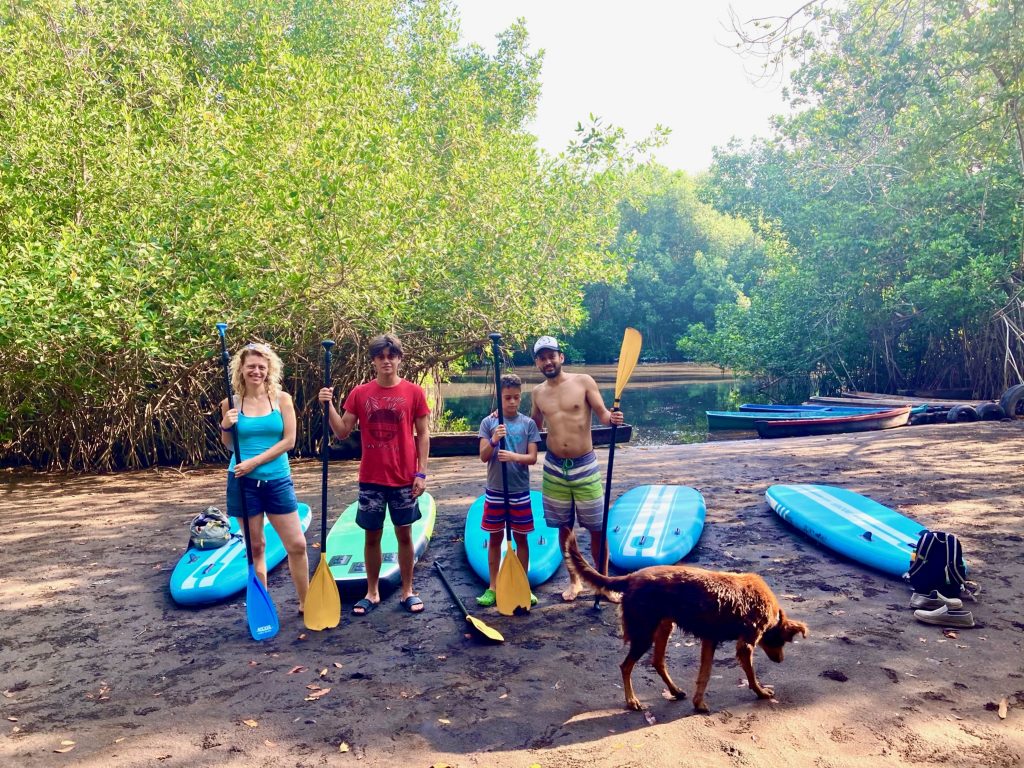 people and a dog getting ready for mangrove paddleboarding 