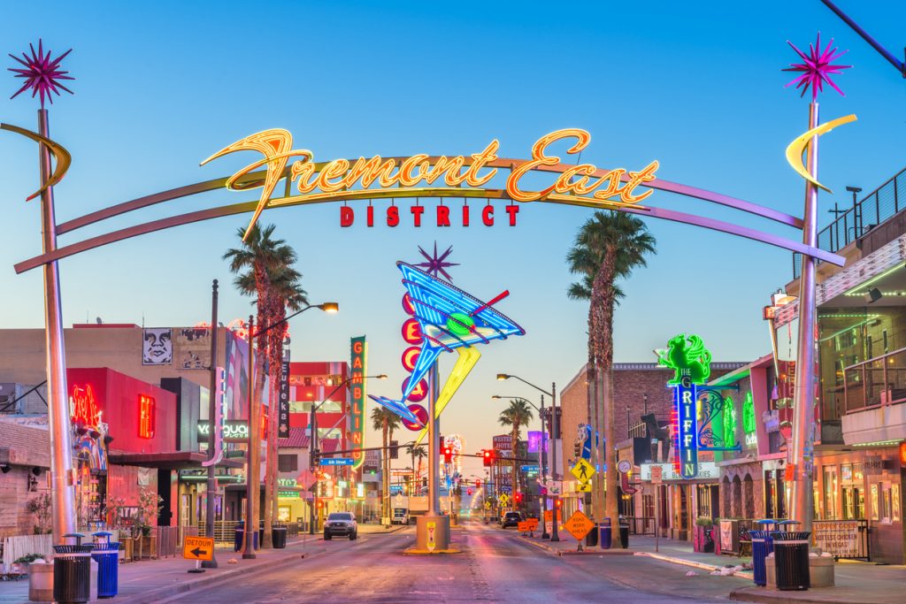 Las Vegas, Nevada - May 13, 2019: Fremont East District of Las Vegas at dawn. It is among the most famous streets in the Las Vegas Valley.