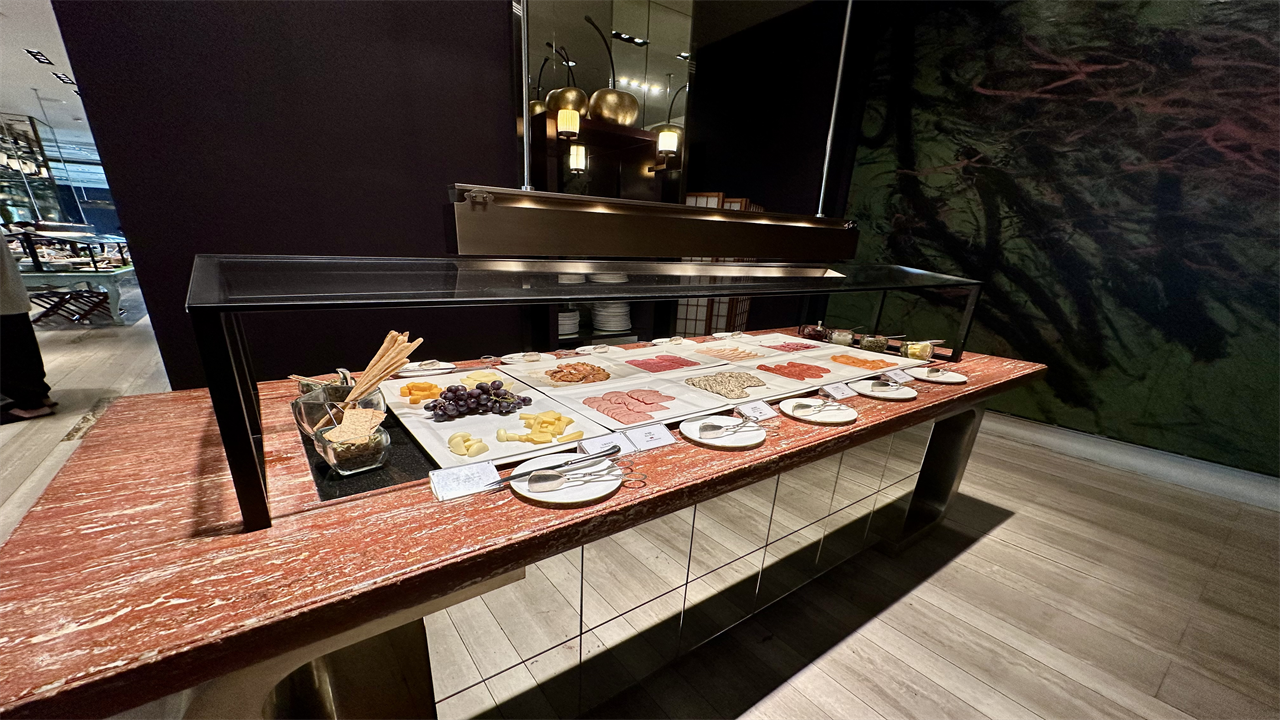 a buffet table with food on it