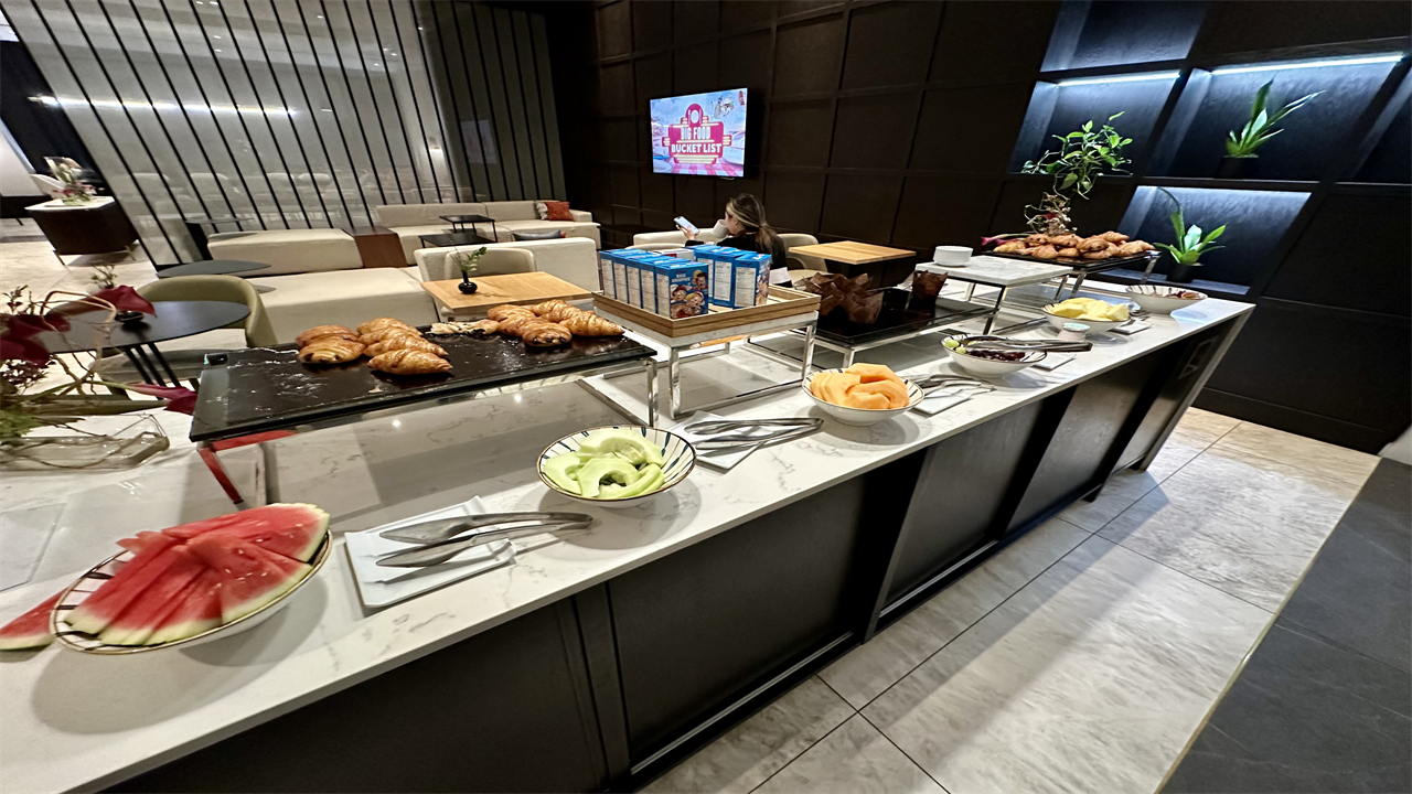 a buffet table with food on it