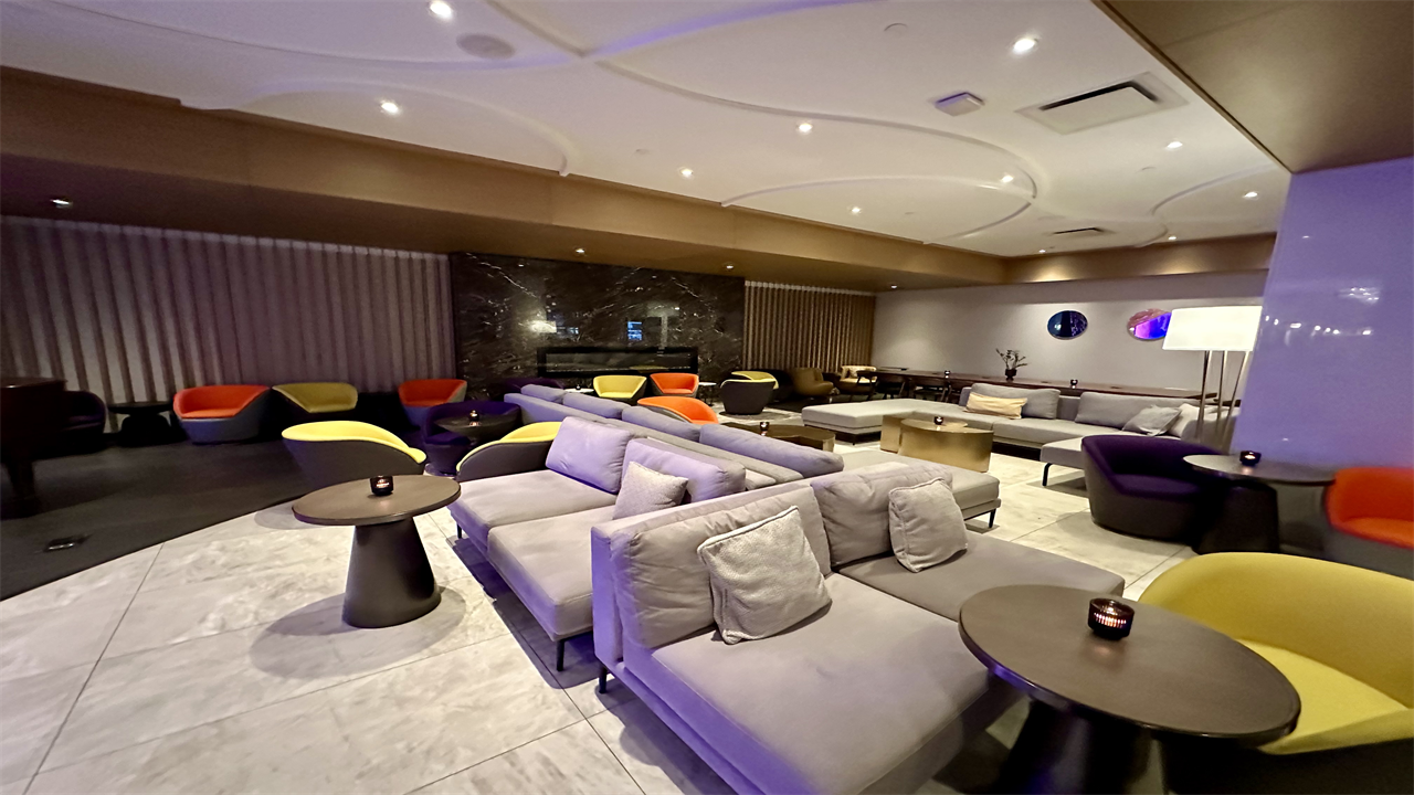 a room with couches and tables